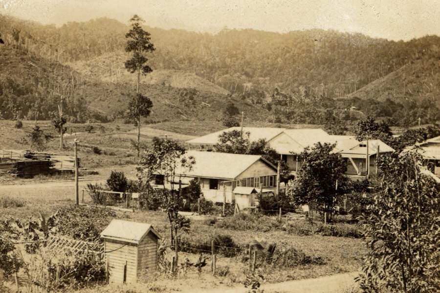 Sepia-toned view of Daintree Village with wooden houses, trees, and rolling hills, evoking a serene and nostalgic rural landscape.