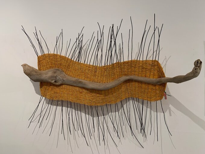 Spikey Creature; Twined de-knotted crab pot string, stick, rusted fencing wire.