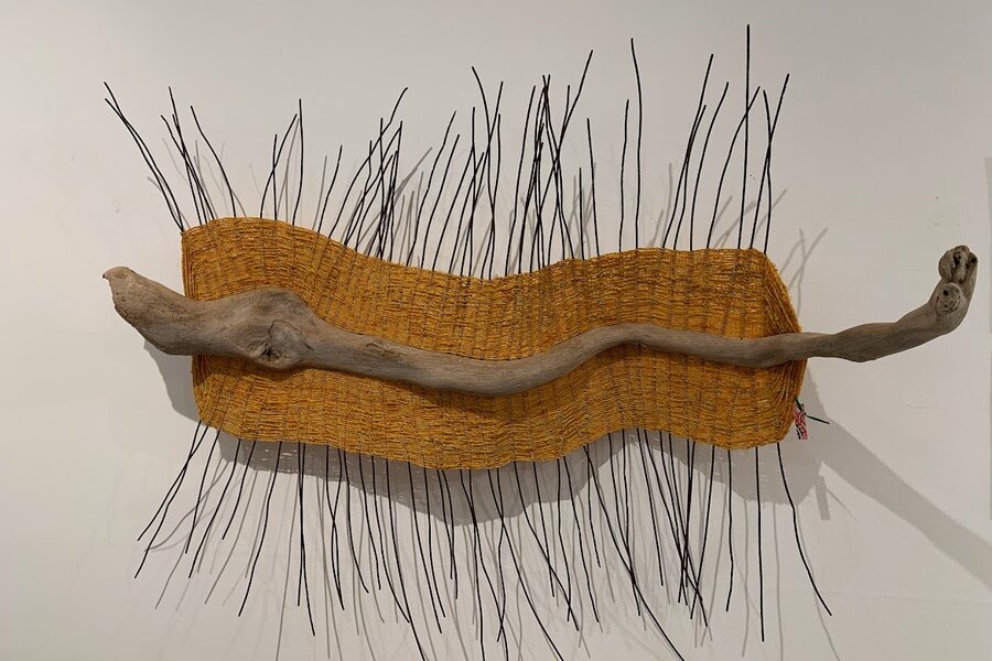 Spikey Creature; Twined de-knotted crab pot string, stick, rusted fencing wire.