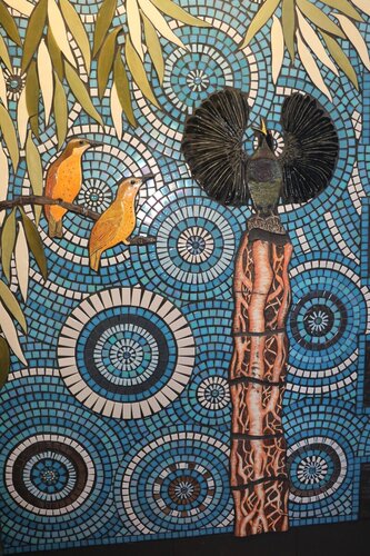 Rex Smeal Park mosaic 2017 Community Art Project mosaics Rifle Birds. Ellen Terrell Ceramics with mosaic surrounds